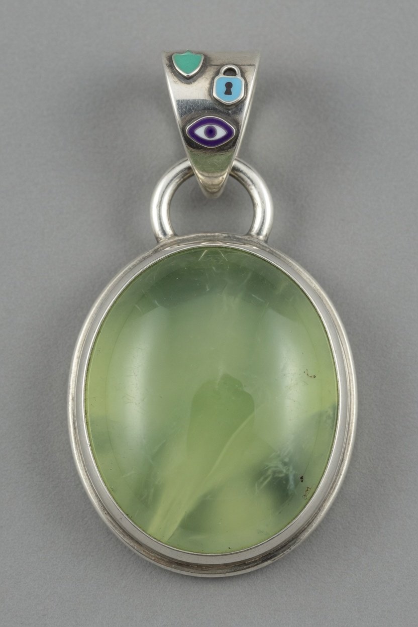 Prehnite cabochon set in classic silver bezel pendant