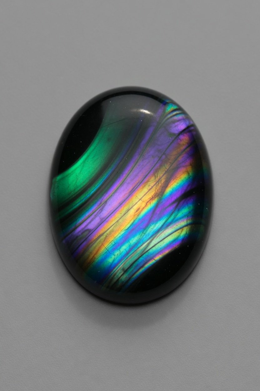 Polished Rainbow Obsidian cabochon with vivid rainbow bands on black