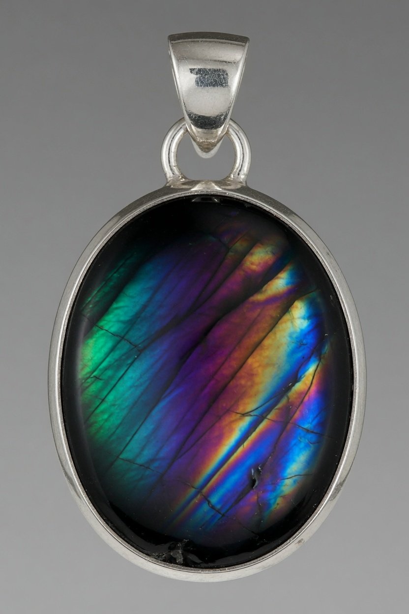 Rainbow Obsidian cabochon set in sterling silver bezel pendant
