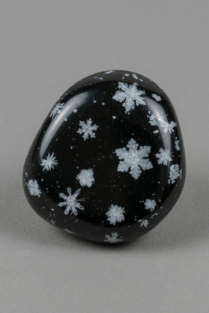 Polished tumbled Snowflake Obsidian freeform with white smudges on neutral background