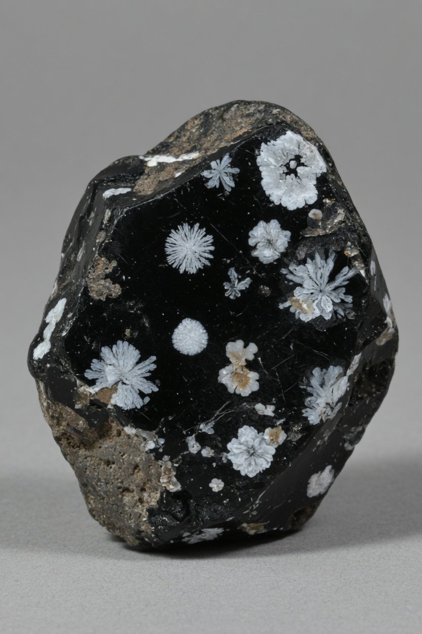 Raw rough Snowflake Obsidian specimen showing black glass with white smudges on neutral background