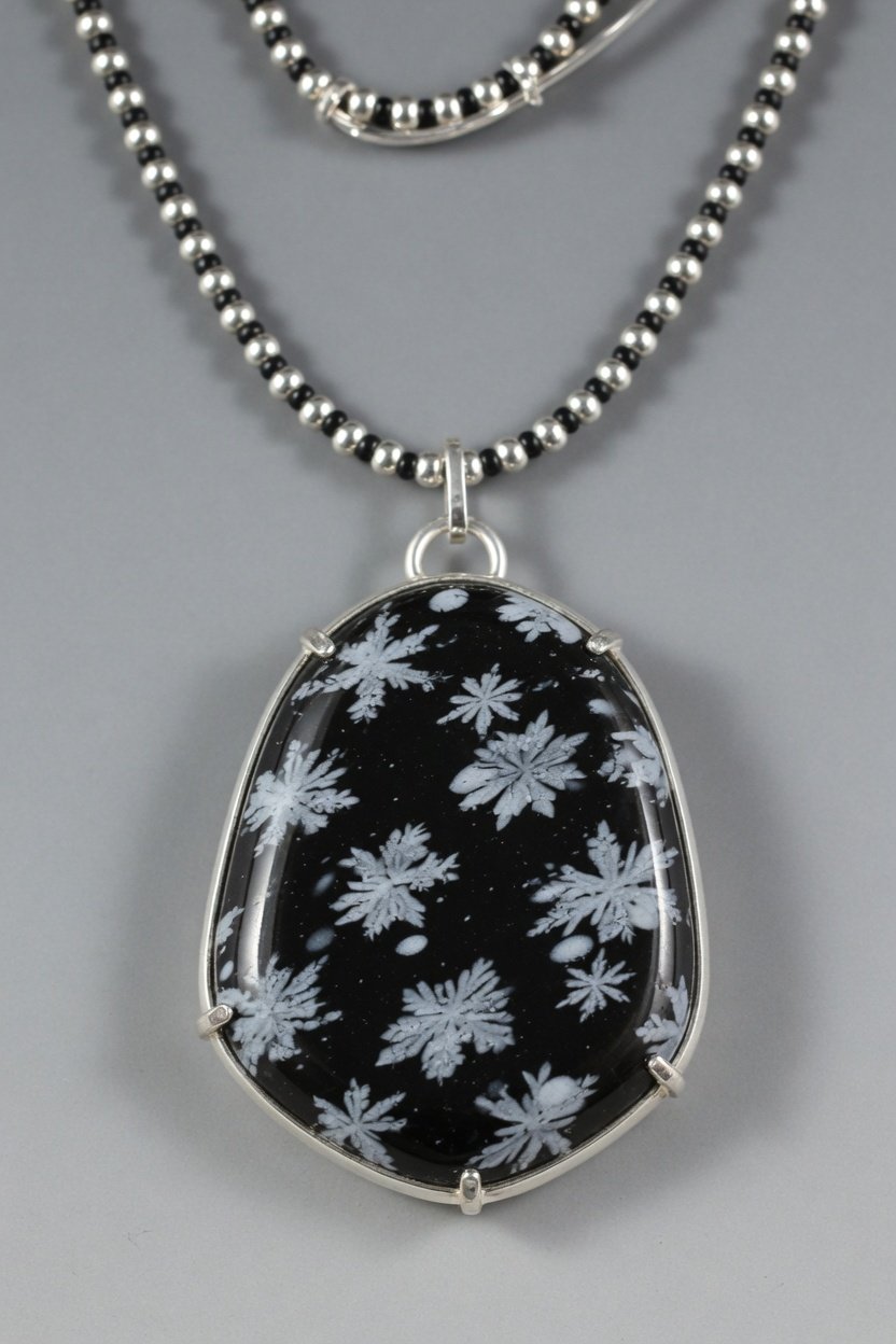 Sterling silver beaded strand necklace featuring tumbled Snowflake Obsidian on neutral background