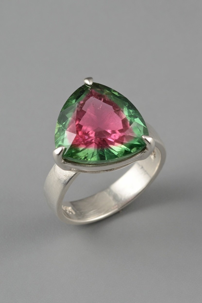 Watermelon Tourmaline in contemporary prong sterling silver ring