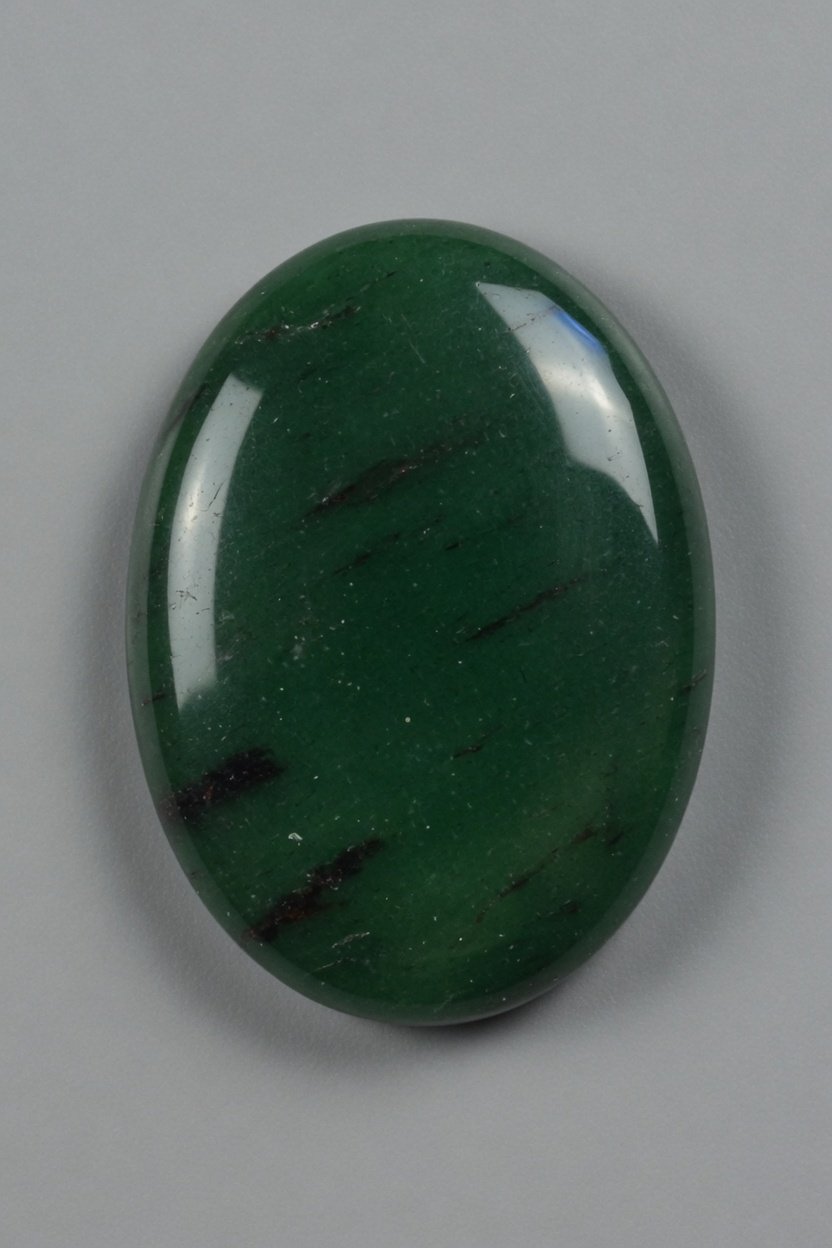 Polished green Zoisite (Green) cabochon with dark inclusions