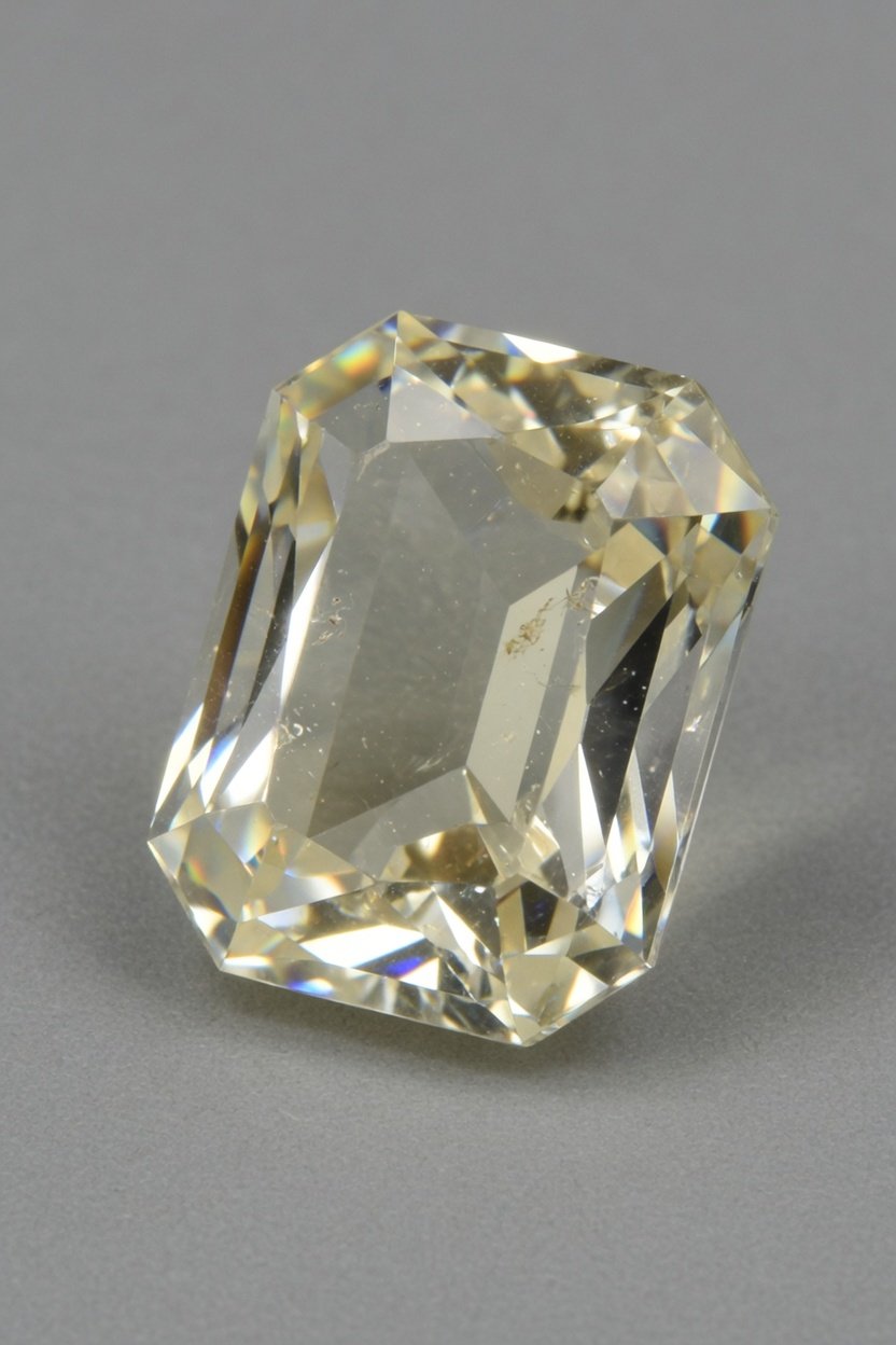 Single faceted bytownite gemstone with vitreous facets on neutral background