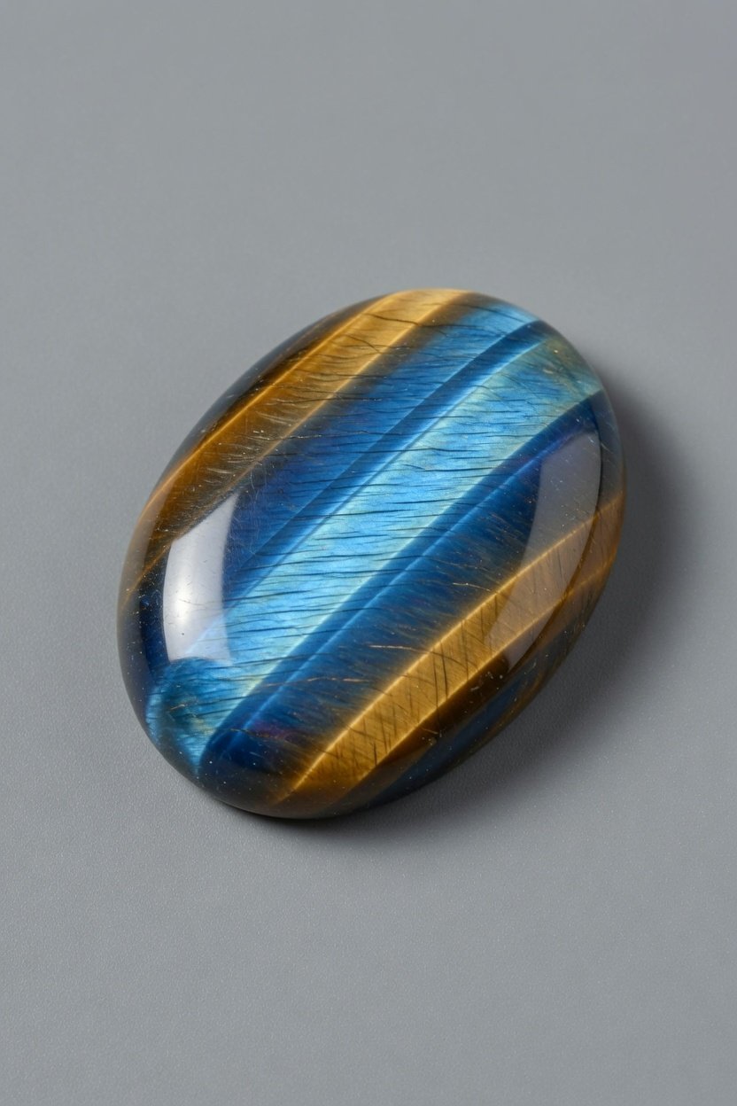 Polished Falcon's Eye (Blue Tiger's Eye) cabochon with sharp chatoyant band