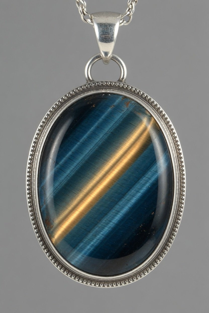 Falcon's Eye (Blue Tiger's Eye) in classic silver bezel pendant