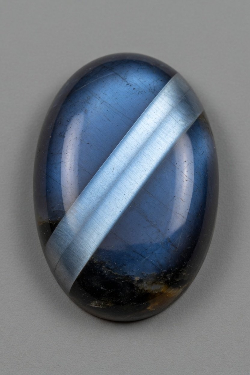 Polished Hawk's Eye cabochon with gliding blue band