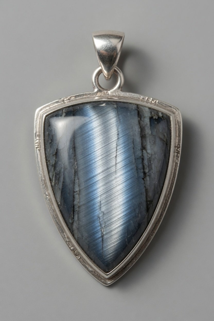 Hawk's Eye cabochon in classic silver bezel pendant