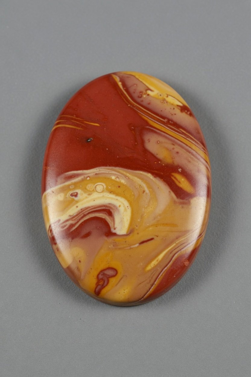 Polished Mookaite Jasper cabochon displaying swirling banded patterns in red yellow and cream