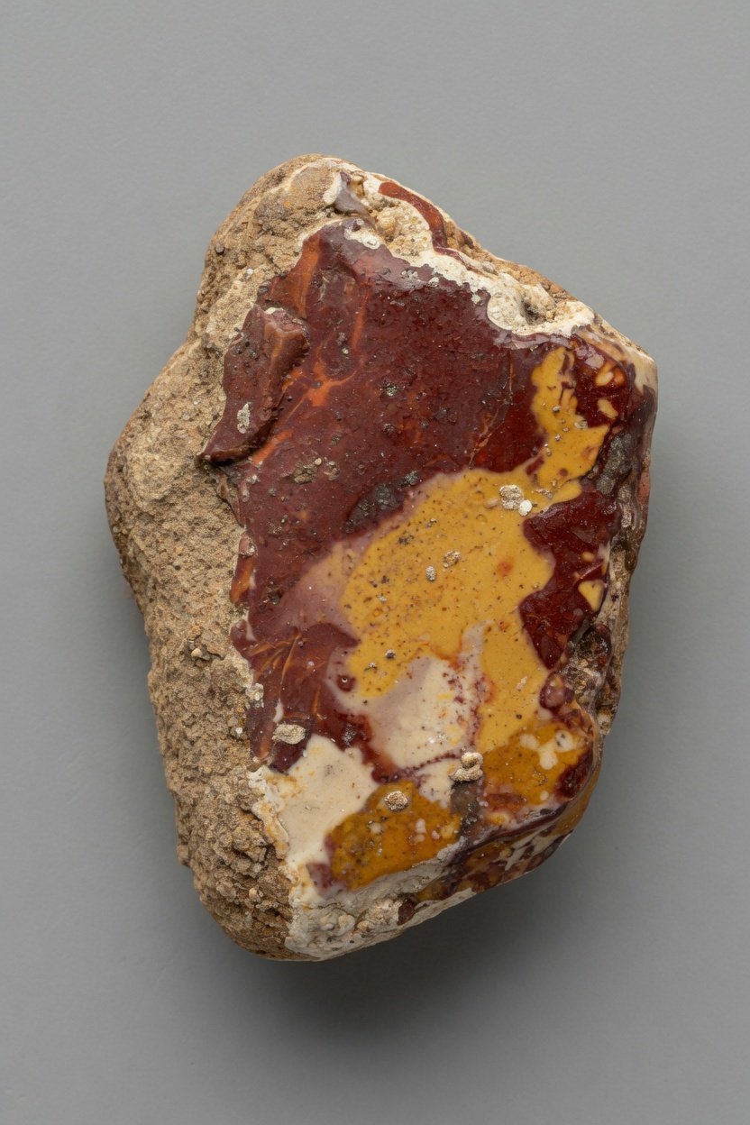 Raw rough Mookaite Jasper nodule showing natural crust and earthy red yellow cream colors