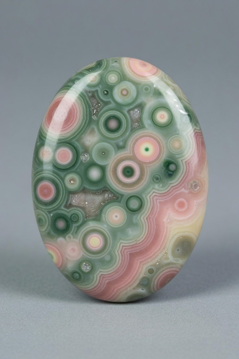 Polished Ocean Jasper cabochon with orb patterns