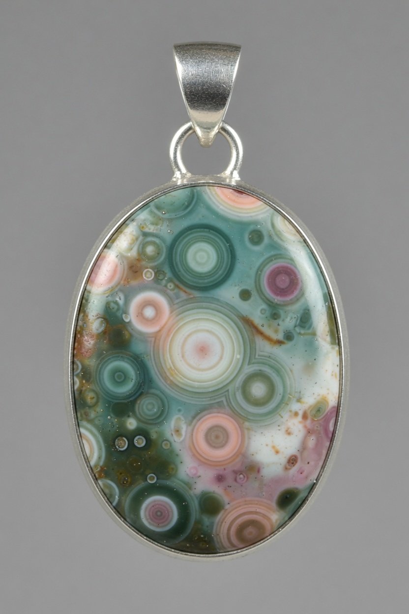 Ocean Jasper cabochon in sterling silver bezel pendant